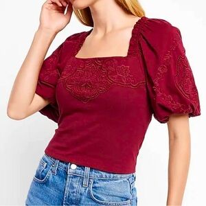 Embroidered Square Neck Puff Sleeve Top Short Sleeve